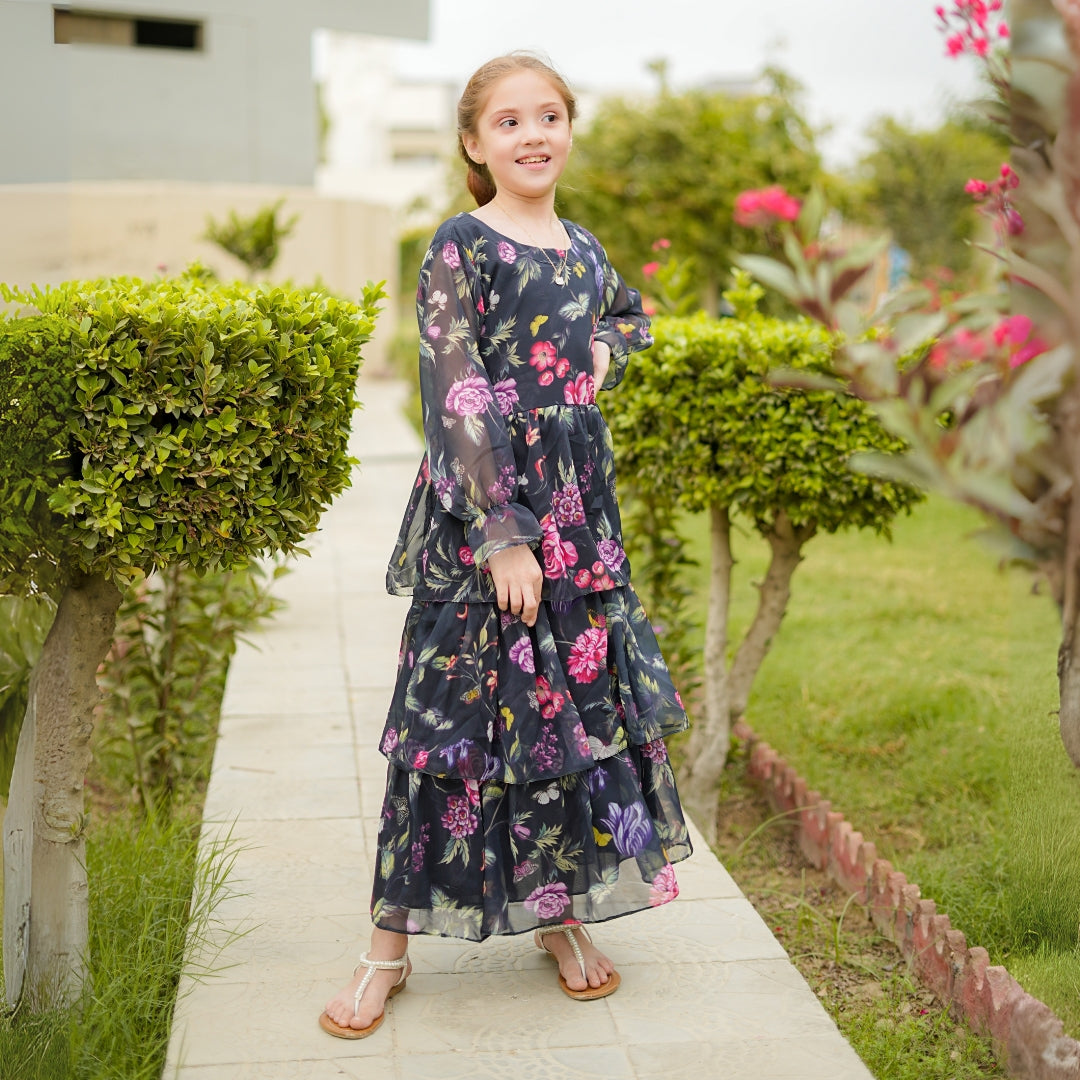 Figo - Dark Navy Exquisite Floral Frill/Maxi Long Frock